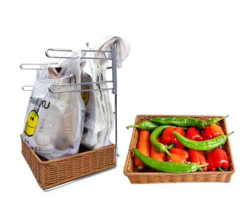 Plastic bag holder with a rattan-woven basket base, grocery bag organizer, space-saving bag storage, neat and easy to grab, perfect for the kitchen, shops, restaurants, and commercial use