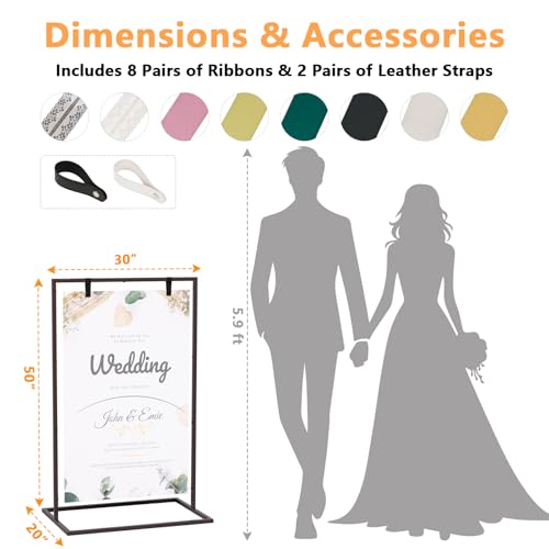 50H" Wedding Welcome Sign Stand with 8 Pair Satin Ribbon & 2 Leather Strap - color: Brown