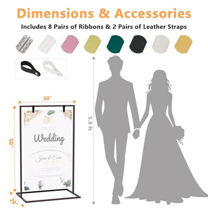 50H" Wedding Welcome Sign Stand with 8 Pair Satin Ribbon & 2 Leather Strap - color: Brown