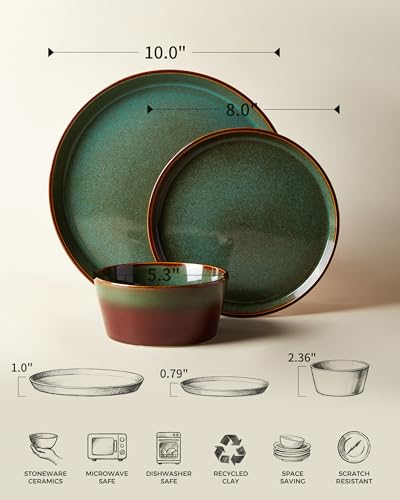 Pokini Ceramic Plates and Bowls Sets for 4, 12pcs Dinnerware Sets, Dish Set - color: Brown Green, size: Service for 4-12Pcs