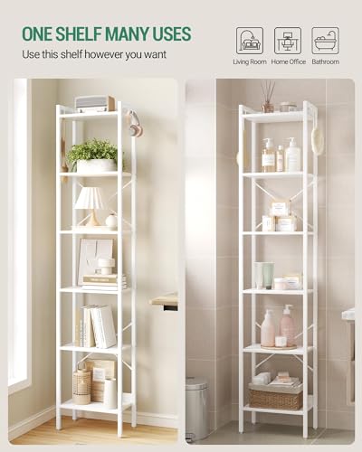 Hzuaneri Bookshelf, Book Shelf, Industrial Bookcase with 2 Hooks - color: White, size: 9.4"D x 15.4"W x 72.8"H