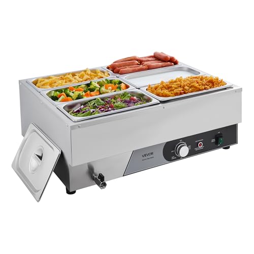 VEVOR Commercial Food Warmer, 1500W Electric Stainless Steel Steam Food Warming with Lid, Fast Heating Countertop Buffet Bain Marie with Six 1/3 Size Food Pans, for Catering, Restaurant and Party - size: 6*1/3Pan;15CM Depth