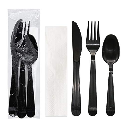 Party Essentials Individually Wrapped Black Plastic Cutlery Packets/Heavy Duty Silverware Kits, Fork/Spoon/Knife/Napkin, 100 Sets - size: Fork/ Spoon/ Knife/ Napkin