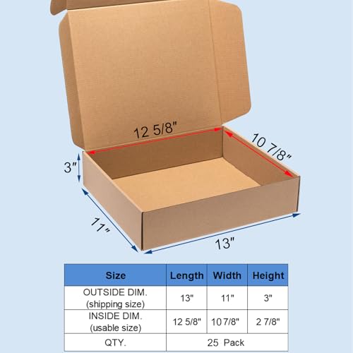 Wowxyz Brown Shipping Boxes 13x11x3" 25 Pack Corrugated Cardboard Mailers - size: 13x11x3"