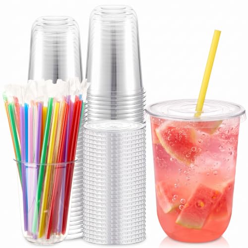 Ziliny 50 Pack 16 oz Plastic Cups with Lids Straws Iced Coffee, Multicolor - color: Multicolor, size: 16 oz