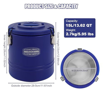15.9QT Insulated Soup Container 4 Gallon Commercial Food Warmer for Hot&Cold Food, Hot Box for Catering, Food Cooler Soup Carrier for Restaurant, Canteen 6H Insulation Time (Blue)