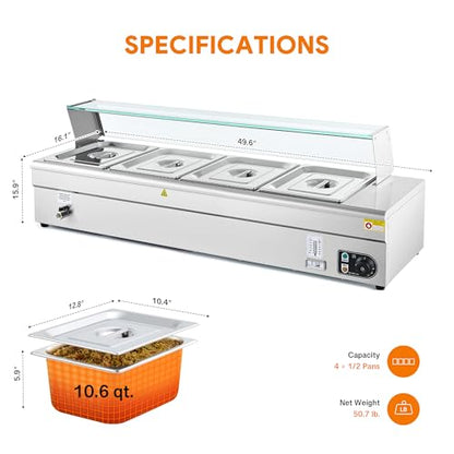 WILPREP 4-Pan Commercial Food Warmer with Sneeze Guard, Four 1/2 Pans, 1500W Countertop Electric Warmer, 86-185°F Adjustable Temp Control, Stainless Steel Buffet Bain Marie - size: 1/2 pan*4