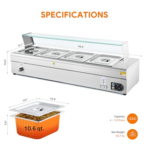 WILPREP 4-Pan Commercial Food Warmer with Sneeze Guard, Four 1/2 Pans, 1500W Countertop Electric Warmer, 86-185°F Adjustable Temp Control, Stainless Steel Buffet Bain Marie - size: 1/2 pan*4