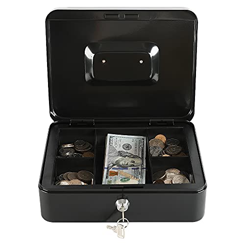 xydled Large Cash Box with Lock, Metal Money Box, Steel Money Box, Black - color: Black, size: Large