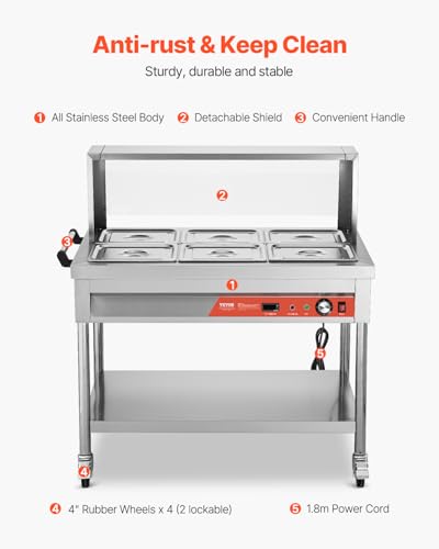 VEVOR 6-Pan Commercial Food Warmer, 6 x 1/2 Pans Electric Steam Table, 1500W Professional Buffet Catering Food Warmer with Shield Undershelf Wheels, Stainless Steel Server for Party Restaurant - size: 6*1/2 Pans