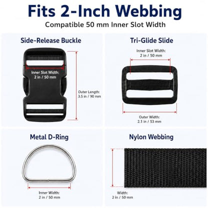 2 Inch Straps and Buckles Set, 12 Yards Nylon Webbing Strap, 12 Pack Release Buckles, 24 Tri-Glide Slide Clips, 12 Pack Metal D-Rings MaHeavy Duty Adjustable Quick Snap Fasteners, No Sewing Required - size: 2" 12 Pcs Buckle Set