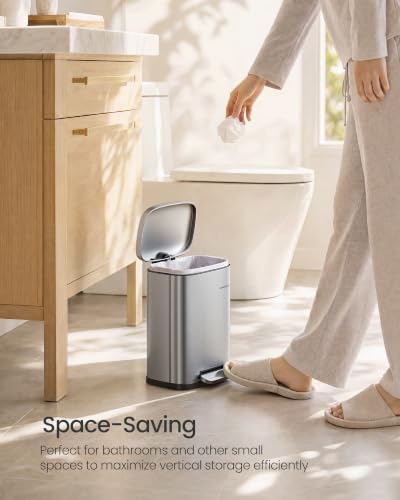 SONGMICS 1.3 Gallon (5 L) Trash Can, Stainless Steel, Step-On Pedal - color: Silver, size: 1.3 Gal.