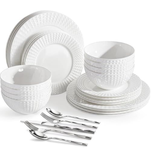 KINGSTONE 64Pc Bone China Dinnerware & Silverware Set, for 8 - color: White-Rhombus, size: service for 8-64pcs
