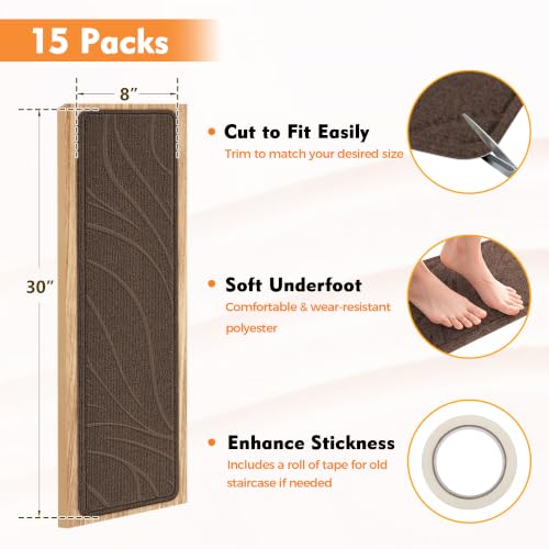 Stair Treads for Wooden Steps, 15 PCS 8"x30", Brown - color: Brown