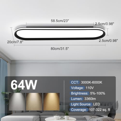 ADISUN Modern LED Ceiling Light Dimmable Linear Ceiling Light 31in Semi Flush Mount Long Lights with Remote Control and Side Lighting for Living Room Kitchen Dining Room (65W) - color: Black-1Pack, size: 31 Inch