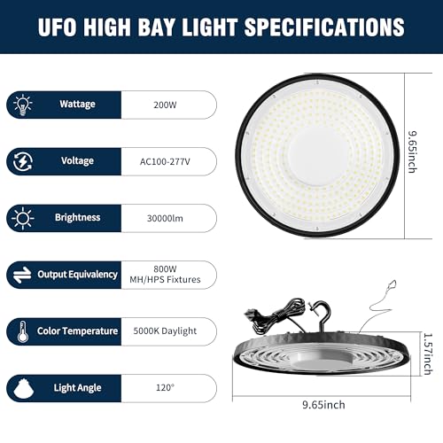 10 Pack UFO LED High Bay Light 200W, 30000LM 5000K AC100-277V - size: 200w