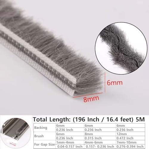 5m (16feet) Brush Weather Striping Card-Slot Seal Strip Pile Weatherstrip Door Sweep Brush for Door Window (6mm x 8mm (1/4" 5/16"), Gray) - size: 6mm x 8mm