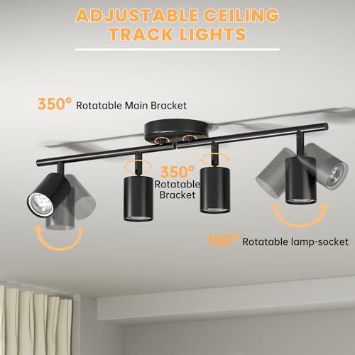 LED 4 Light Track Lighting Kit, 23.6" Black 4 Way Ceiling Spotlights Fixture, 3 CCT Adjustable, with Flexibly Rotatable Light Heads for Kitchen, Living Room, Bedroom, Includes 4 x GU10 Bulb - color: Black, size: 4