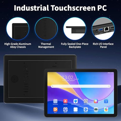 10.1" Industrial Touchscreen PC, All-in-One Computer Rockchip RK3399 Hexa-Core, 4GB RAM 64GB eMMC, Gigabit LAN, RS-232, USB 3.0, HDMI 4K, Android 11 for Digital Signage/POS/Factory Control
