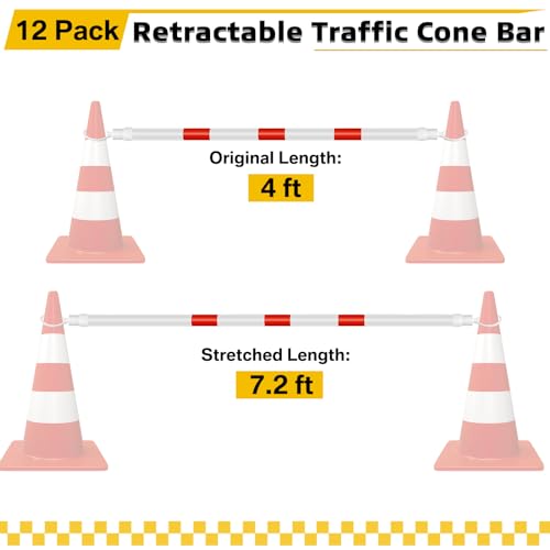 Huwena 12 Pcs Retractable Safety Traffic Cone Bar Length from 4 to 7.2ft