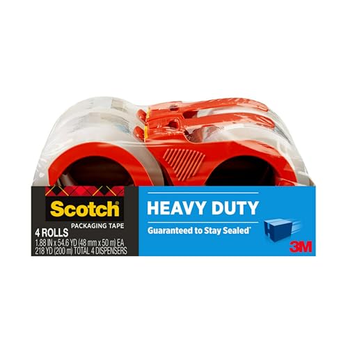 Scotch Heavy Duty Shipping Packing Tape, Clear, Shipping and Packaging Supplies, 1.88 in. x 54.6 yd., 4 Tape Rolls with 4 Dispensers - size: 4 Rolls