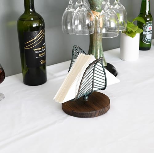 OwlGift Freestanding Modern Napkin Holder w/Golden Turquoise Wrought Iron Leaf & Brown Wooden Base Design, Tabletop Tissue Dispenser, Napkin Storage Organizer - color: Wire / Golden Turquoise