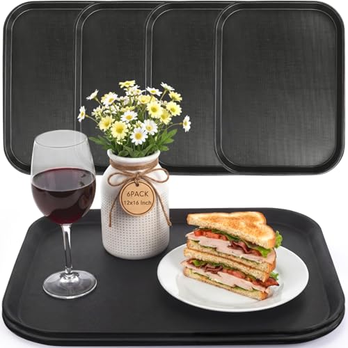 6 Pack 12x16 Inch Large Fast Food Trays Bulk Giant Heavy Duty Reinforced Plastic Serving Trays with Raised Edges Non-Slip Surface Stackable Commercial Grade for Restaurants Bars Cafeterias - size: 12x16 Inch