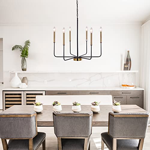 Modern Farmhouse Chandelier for Dining Room, 6 Lights Chandelier Light Fixture Adjustable Height, Black and Gold Hanging Candle Pendant Lighting for Kitchen Island Living Room Bedroom Foyer - color: 6 Light-Black Gold