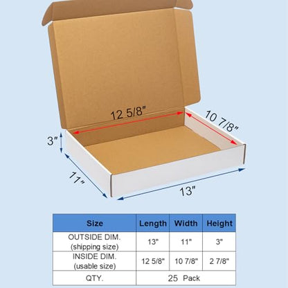 Wowxyz White Shipping Boxes 13x11x3" 25 Pack Corrugated Cardboard Mailer - size: 13x11x3"