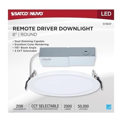 Satco 20W 8-Inch LED Downlight CCT Selectable 2700K–5000K 2000 Lumens Dual Dimming 120–277V Flat Face Round White IC Air Tight Energy Star Wet Rated S11847