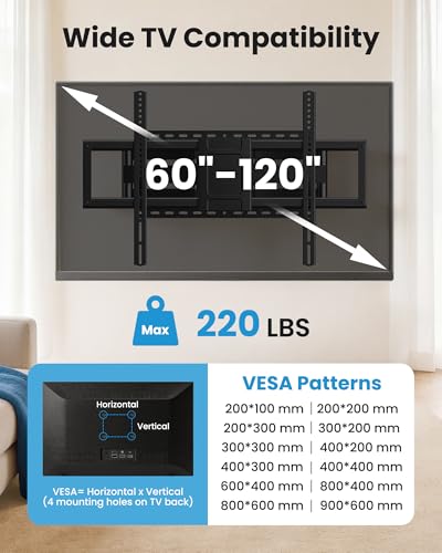 USX STAR Full Motion TV Wall Mount Bracket for 85 86 90 98 100 120 inch TVs - size: 60-120"