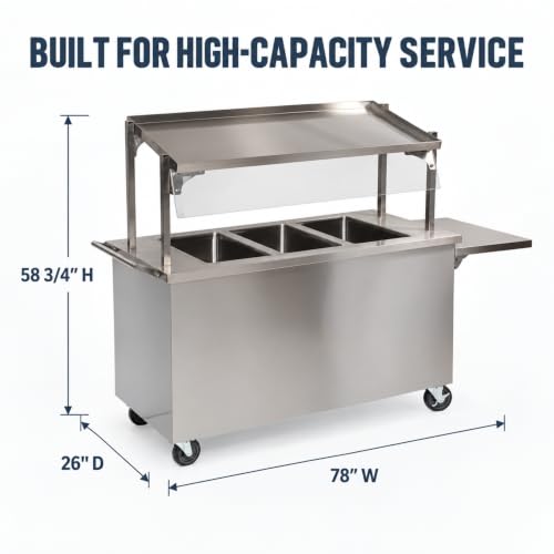 Commercial Meal Cart, 3-Well Stainless Steel, 78”W x 26”D x 58 3/4”H