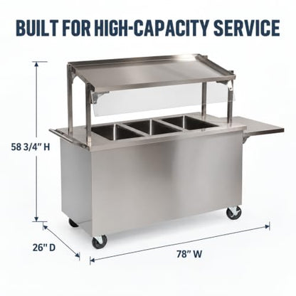 Commercial Meal Cart, 3-Well Stainless Steel, 78”W x 26”D x 58 3/4”H