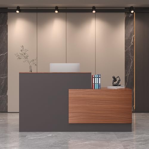 L-Shaped Reception Desk with Lockable Drawers, Adjustable File Cabinet & Keyboard Tray, Modern Front Counter for Office, Salon, or Lobby (Left-L Walnut/Slate Gray, 70.9''L x 23.6''W x 41.3''H) - color: Left-l Walnut/Slate Gray, size: 70.9''L x 23.6''W x 4