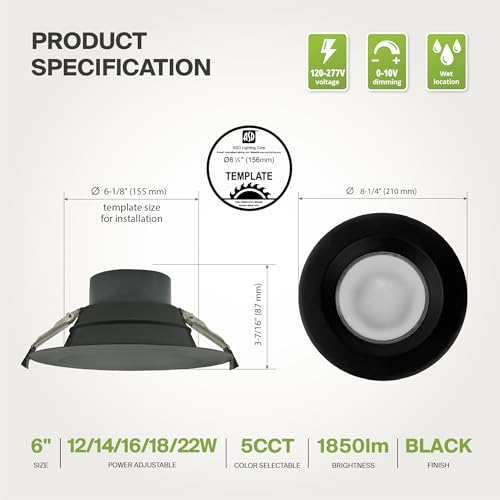 ASD 8 Pack 6 Inch Commercial Canless LED Downlight - color: Black Round, size: 6 Inch (8 Pack)