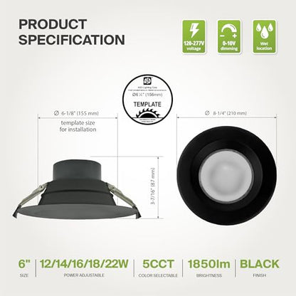 ASD 8 Pack 6 Inch Commercial Canless LED Downlight - color: Black Round, size: 6 Inch (8 Pack)