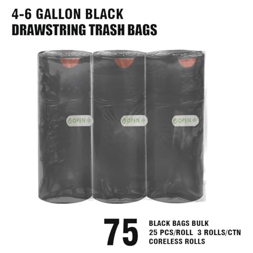 BEIDOU-PAC 4-6 Gallon Trash Bags Drawstring, 75 Count Bulk, Black & Unscented Multi-purpose Garbage Bags for Business Home Bathroom Kitchen Commercial and Industrial - style: 4-6 Gallon |75 Count