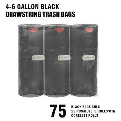BEIDOU-PAC 4-6 Gallon Trash Bags Drawstring, 75 Count Bulk, Black & Unscented Multi-purpose Garbage Bags for Business Home Bathroom Kitchen Commercial and Industrial - style: 4-6 Gallon |75 Count