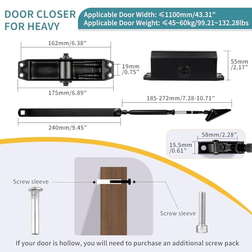 Medium Duty Hydraulic Door Closer for Commercial & Residential Use - Perfect for Screen Doors, Garage Entry, and Interior Doors with Soft Close Technology - Adjustable Automatic Door Closing Mechanism