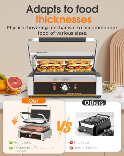 Commercial Panini Press - 2200W Electric Panini Sandwich Grill w/Nonstick Coating & Adjustable Temp, Stainless Steel, Panini Grill Press w/14"x9" Cooking Pan (Full Flat),Double-sided Heating - style: 14"x9" Smooth Plates