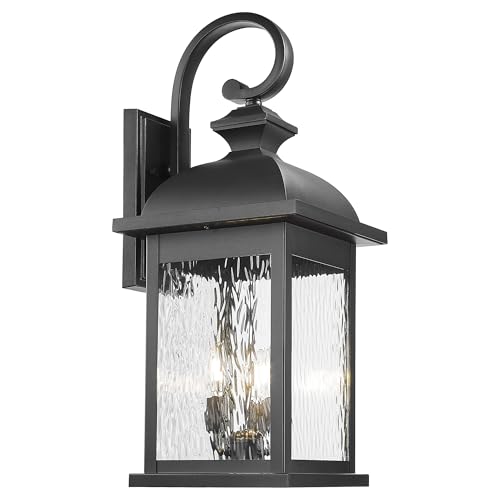 FEMILA 26" Outdoor Wall Light, Large Exterior Wall Lantern with Water Ripple Glass, 3-Light Outdoor Wall Light Fixtures for Entryway, Patio, Garage, Doorway, E12 Base, 4FD54B-L BK - color: Matte Black, Water Ripple Glass, size: 26", Single Unit