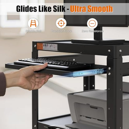 AV Presentation Cart Stand for Video Projector,TV,Laptop Computers,Printers,Metal Construction Rolling Cart with Adjustable Shelves,4 Wheels,4 Outlets, 5.75ft Cord,Support 300 lbs,Black - style: AV Cart with Keyboard Tray（M-AV-J）