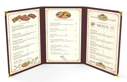 10 Pcs Burgundy Menu Cover 8.5x14, 3 Page 6 View, Trifold, Crystal-Clear - color: burgundy, size: Trifold - 8.5" * 14"