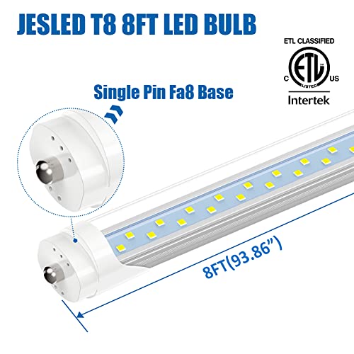 JESLED T8/T10/T12 8FT LED Tube Light Bulbs, 50W 6000LM, 5000K Daylight White, 8 Foot Single Pin FA8 LED Fluorescent Replacement for Shops Garage Light Fixtures, ETL Listed, Remove Ballast (4-Pack) - color: Clear, size: 4 Count (Pack of 1)