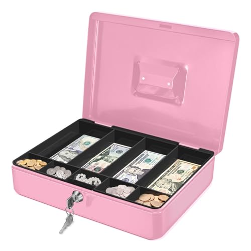 Flexzion Small Cash Box with Money Tray and Lock, 11.4-Inch, Pink - color: Pink
