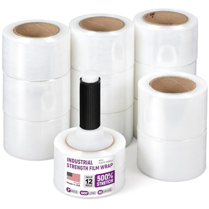 3" x 1000' Industrial Strength Stretch Wrap, Ready to Use Pack of 12 Mini Rolls with one Handle, Clear Plastic Film, 80 Gauge Thick, 500% Elongation – Heavy-Duty Shrink Wrap for Moving, Packing - style: Pack of 12