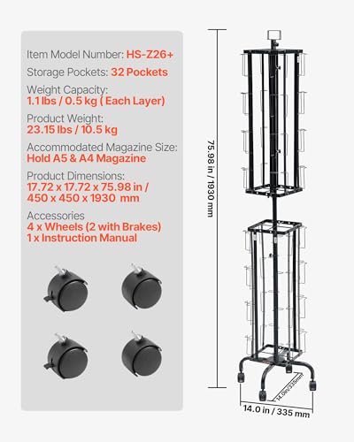 VEVOR Greeting Cards Display Rack, 32 Pockets Rotating Postcard Brochure Display Stand, 360° Spinning Card Display Rack with Sign Holder & 4 Wheels (2 Lockable) for Exhibitions Office Trade Show - size: without wheels