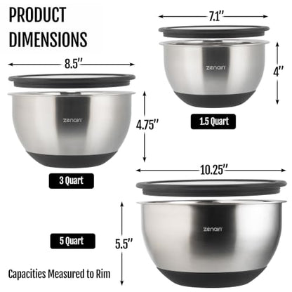 Stainless Steel Mixing Bowls with Glass Lids, Premium 3-Pc Plastic-Free Set