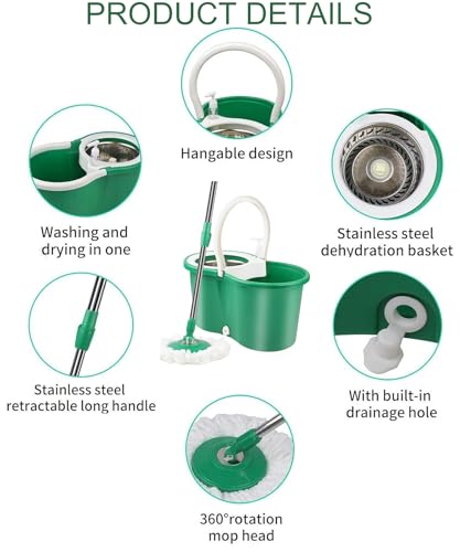 Hand Free Household Mop and Bucket with Wringer Set,Operable 360 ° Rotating Mop Bucket Set with 3 Microfiber Replacement Head and Stainless Steel 56" Extended Handle for Office and Home use(Green)