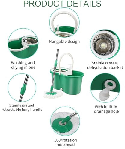 Hand Free Household Mop and Bucket with Wringer Set,Operable 360 ° Rotating Mop Bucket Set with 3 Microfiber Replacement Head and Stainless Steel 56" Extended Handle for Office and Home use(Green)